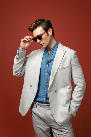  Açık Gri Slim Fit Dar Kesim Keten Karışımlı Kruvaze Ceket