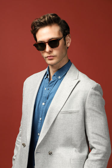  Açık Gri Slim Fit Dar Kesim Keten Karışımlı Kruvaze Ceket