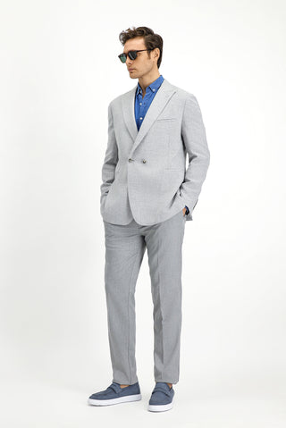  Açık Gri Slim Fit Dar Kesim Keten Karışımlı Kruvaze Ceket