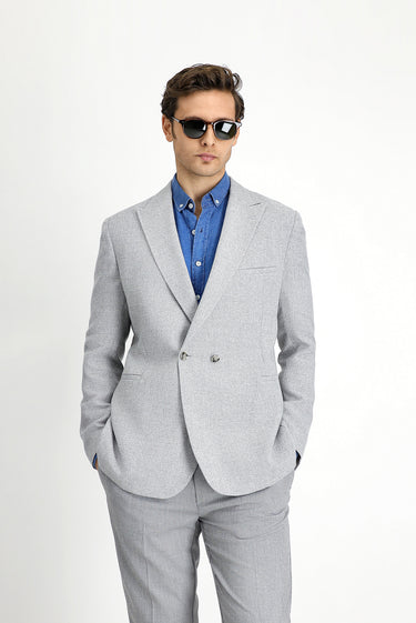 Açık Gri Slim Fit Dar Kesim Keten Karışımlı Kruvaze Ceket