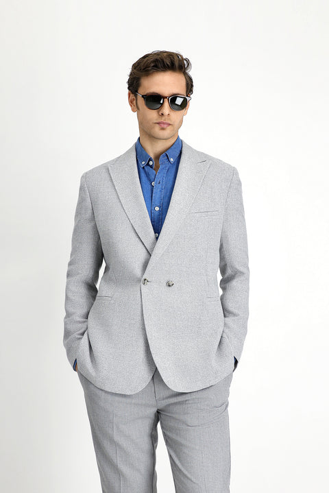 Açık Gri 7 Drop Slim Fit Dar Kesim Keten Karışımlı Kruvaze Ceket