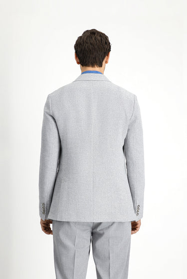 Açık Gri Slim Fit Dar Kesim Keten Karışımlı Kruvaze Ceket
