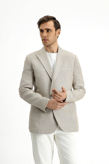  Açık Bej Slim Fit Dar Kesim Keten Karışımlı Kruvaze Ceket
