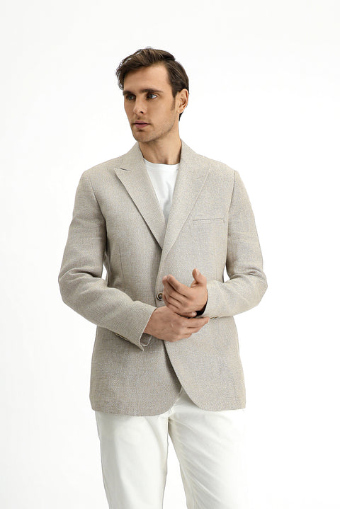 Açık Bej 7 Drop Slim Fit Dar Kesim Keten Karışımlı Kruvaze Ceket