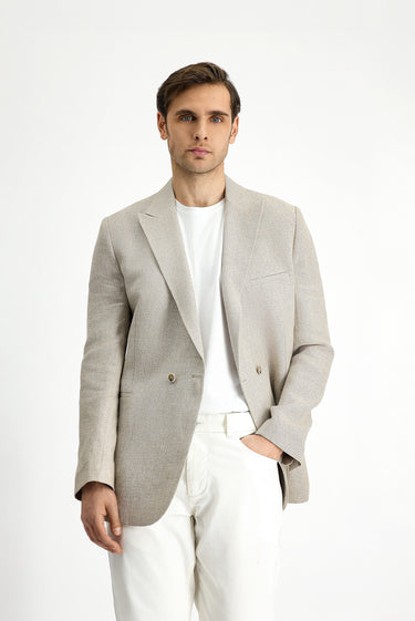  Açık Bej Slim Fit Dar Kesim Keten Karışımlı Kruvaze Ceket