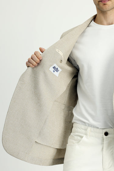 Açık Bej Slim Fit Dar Kesim Keten Karışımlı Kruvaze Ceket