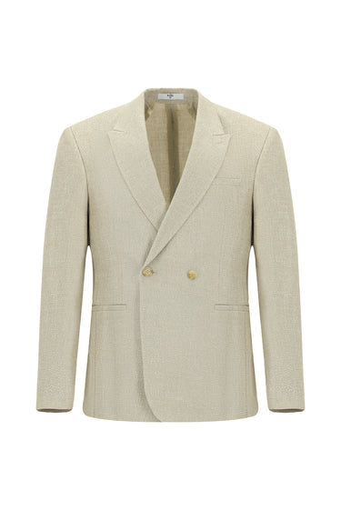 Açık Bej Slim Fit Dar Kesim Keten Karışımlı Kruvaze Ceket
