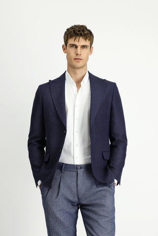  Koyu Lacivert Slim Fit Dar Kesim Yünlü Keten Karışımlı Klasik Ceket