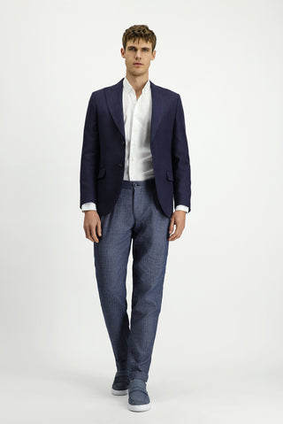  Koyu Lacivert Slim Fit Dar Kesim Yünlü Keten Karışımlı Klasik Ceket