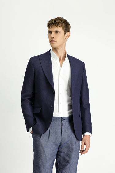  Koyu Lacivert Slim Fit Dar Kesim Yünlü Keten Karışımlı Klasik Ceket