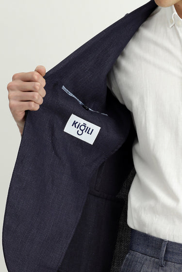 Koyu Lacivert Slim Fit Dar Kesim Yünlü Keten Karışımlı Klasik Ceket