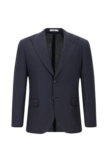 Koyu Lacivert Slim Fit Dar Kesim Yünlü Keten Karışımlı Klasik Ceket
