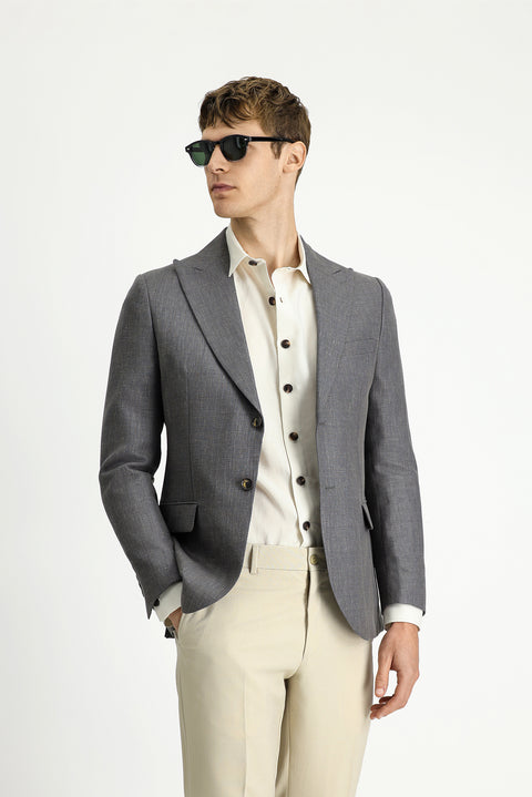 Koyu Antrasit 7 Drop Slim Fit Dar Kesim Yünlü Keten Karışımlı Klasik Ceket