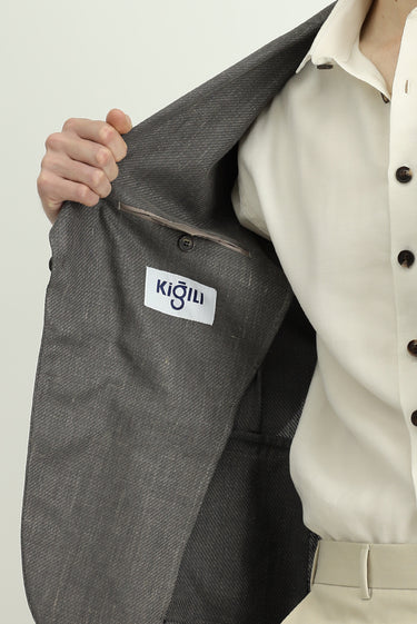 Koyu Antrasit Slim Fit Dar Kesim Yünlü Keten Karışımlı Klasik Ceket