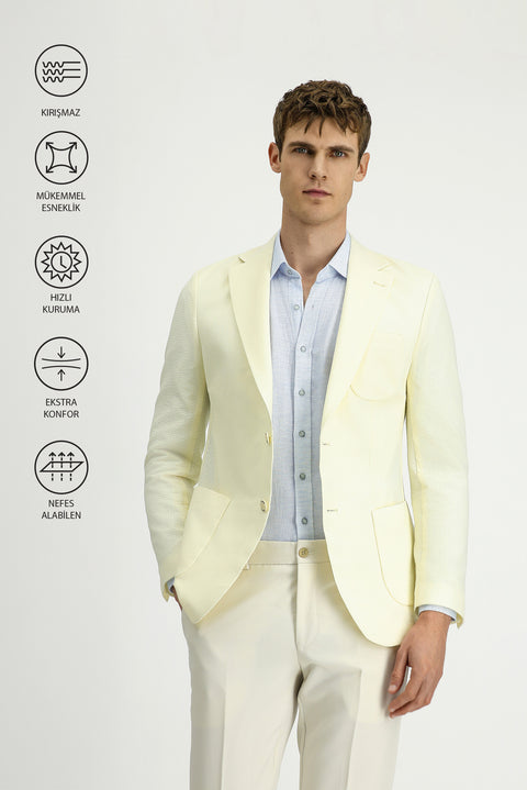 Krem Techno-Line 7 Drop Slim Fit Dar Kesim Likralı Ceket