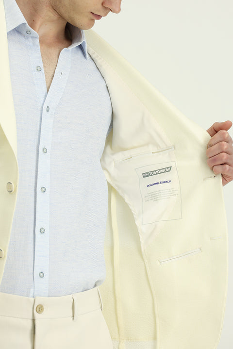 Krem Techno-Line 7 Drop Slim Fit Dar Kesim Likralı Ceket