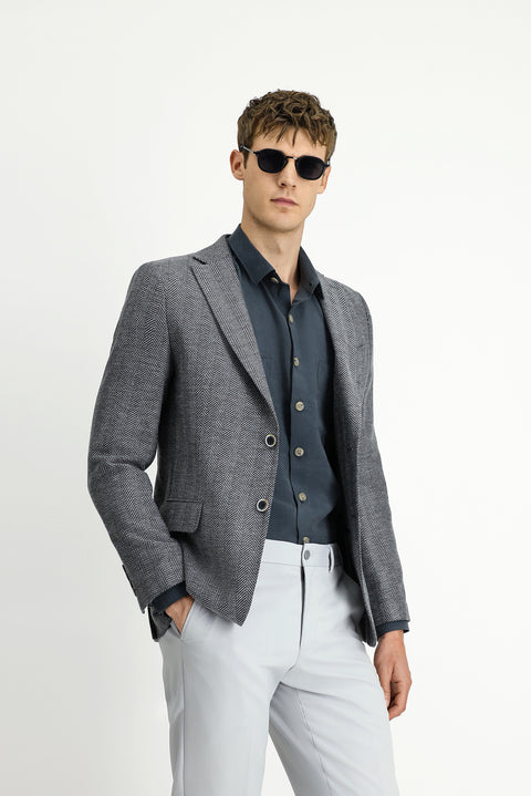 Dark Gray 8 Drop Muscle Fit Long Athletic Cut Wool Patterned Jacket