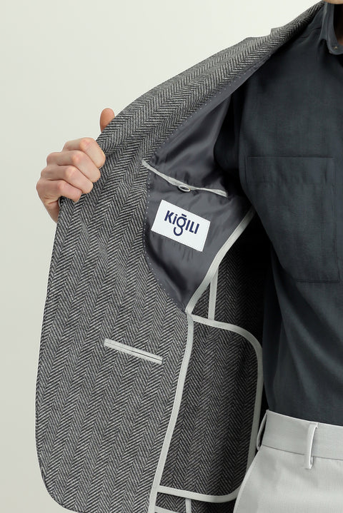 Koyu Füme 6 Drop Regular Fit Standart Kesim Yünlü Desenli Ceket