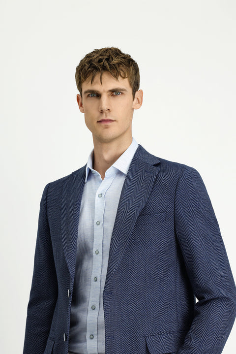 Koyu Lacivert 4 Drop Relaxed Fit Rahat Kesim Yünlü Desenli Ceket