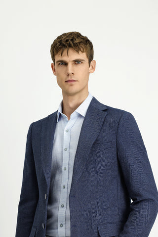  Koyu Lacivert Muscle Fit Yünlü Desenli Ceket