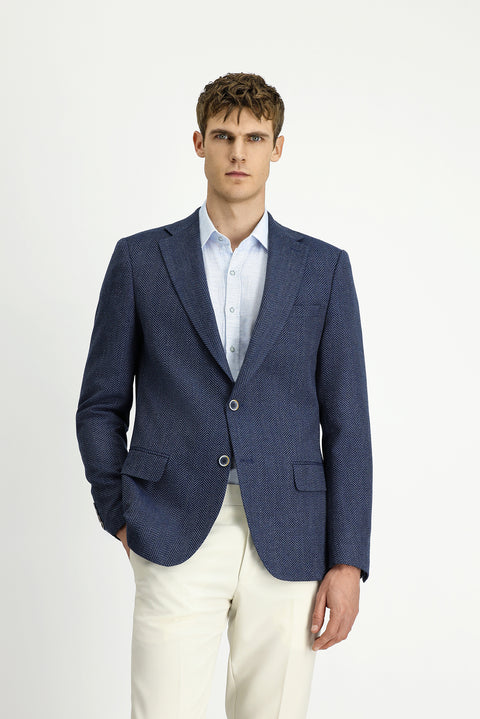 Koyu Lacivert 4 Drop Relaxed Fit Rahat Kesim Yünlü Desenli Ceket