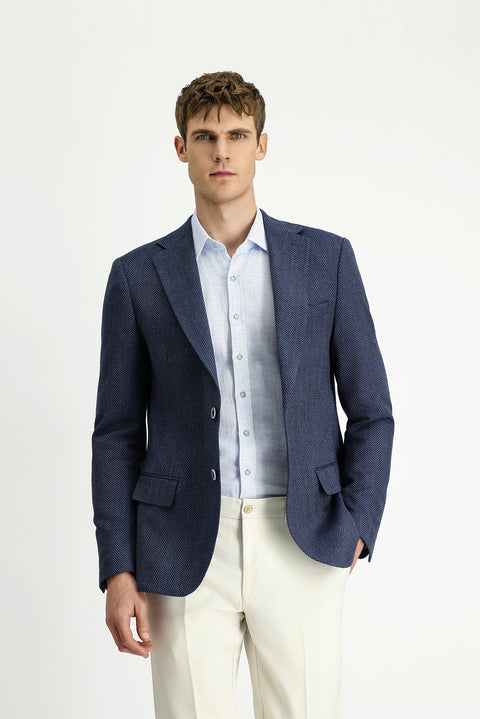 Koyu Lacivert 4 Drop Relaxed Fit Rahat Kesim Yünlü Desenli Ceket