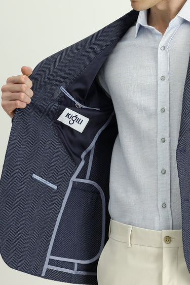 Koyu Lacivert Relaxed Fit Rahat Kesim Yünlü Desenli Ceket