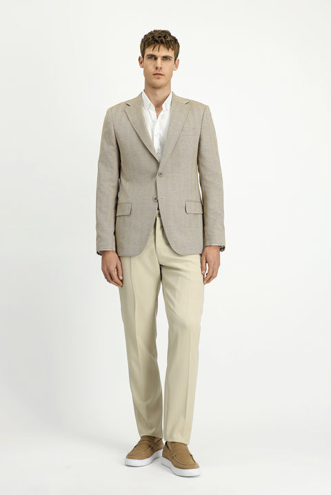 Açık Bej 8 Drop Muscle Fit Uzun Atletik Kesim Yünlü Desenli Ceket