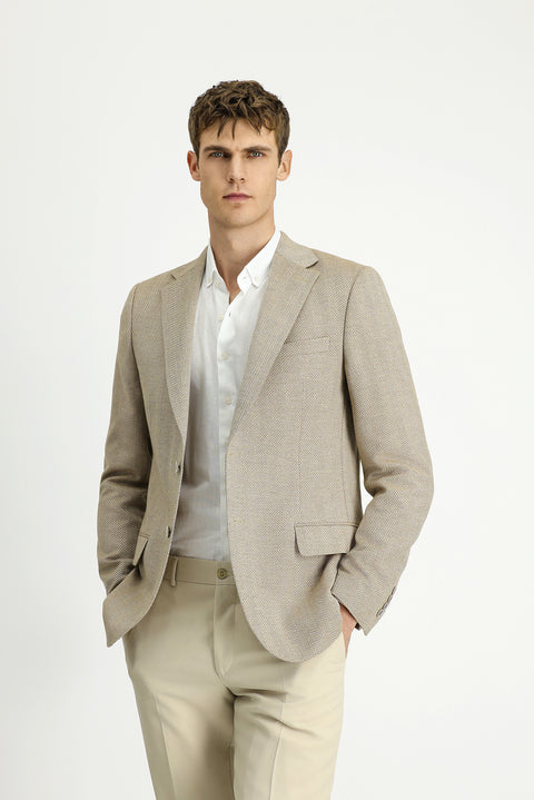 Açık Bej 8 Drop Muscle Fit Uzun Atletik Kesim Yünlü Desenli Ceket