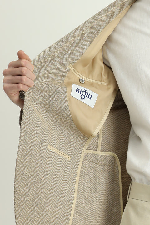 Açık Bej 8 Drop Muscle Fit Uzun Atletik Kesim Yünlü Desenli Ceket