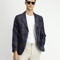 Koyu Lacivert Regular Fit Ekose Yünlü Ceket