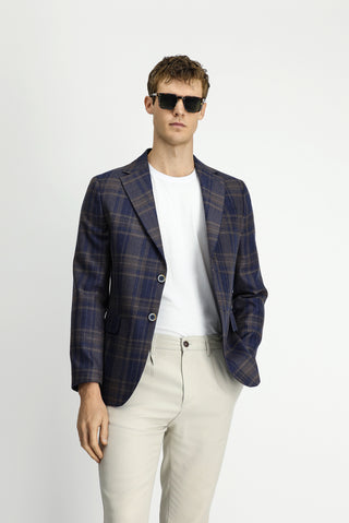  Koyu Lacivert Regular Fit Ekose Yünlü Ceket