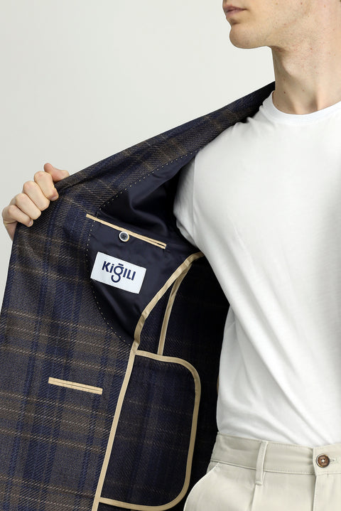 Koyu Lacivert 6 Drop Regular Fit Standart Kesim Ekose Yünlü Ceket