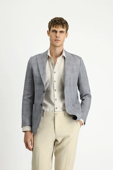  Koyu Füme Slim Fit Dar Kesim Yünlü Keten Karışımlı Ekose Spor Ceket