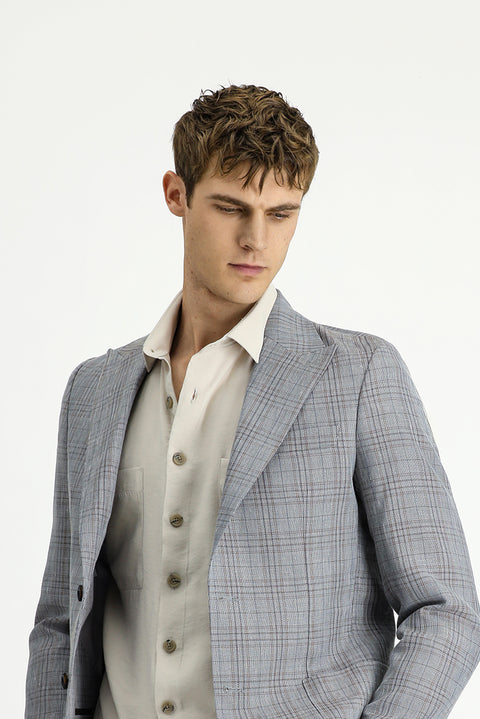 Koyu Füme 7 Drop Slim Fit Dar Kesim Yünlü Keten Karışımlı Ekose Spor Ceket