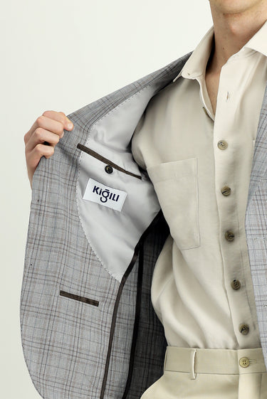 Koyu Füme Slim Fit Dar Kesim Yünlü Keten Karışımlı Ekose Spor Ceket