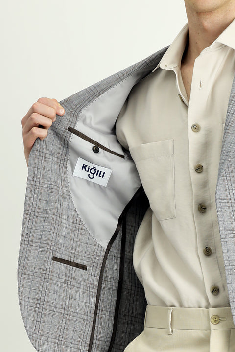 Koyu Füme 7 Drop Slim Fit Dar Kesim Yünlü Keten Karışımlı Ekose Spor Ceket