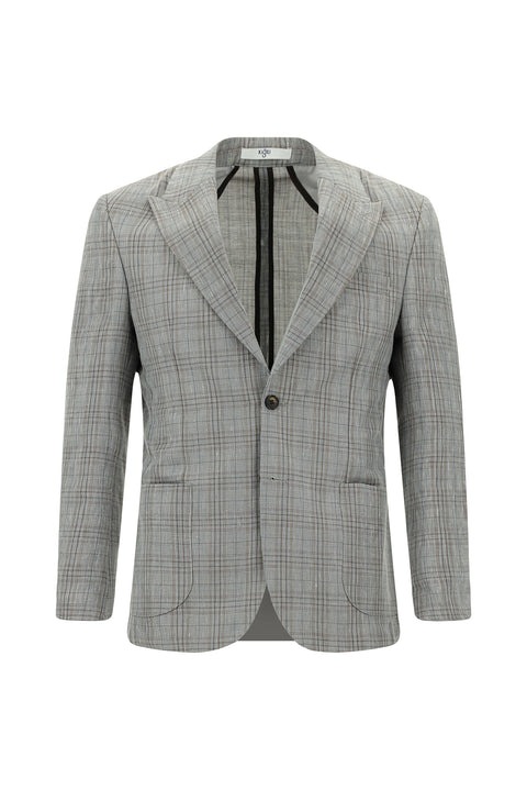 Koyu Füme 7 Drop Slim Fit Dar Kesim Yünlü Keten Karışımlı Ekose Spor Ceket