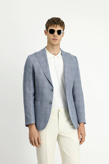  Mavi Slim Fit Dar Kesim Yünlü Keten Karışımlı Ekose Spor Ceket