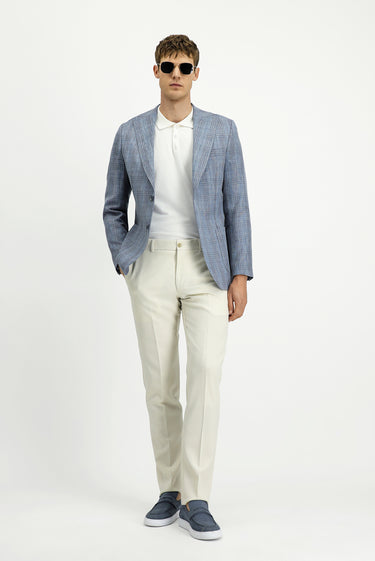  Mavi Slim Fit Dar Kesim Yünlü Keten Karışımlı Ekose Spor Ceket