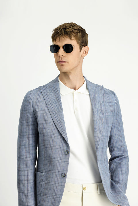 Blue 6 Drop Regular Fit Standard Cut Wool Linen Blend Plaid Sport Jacket