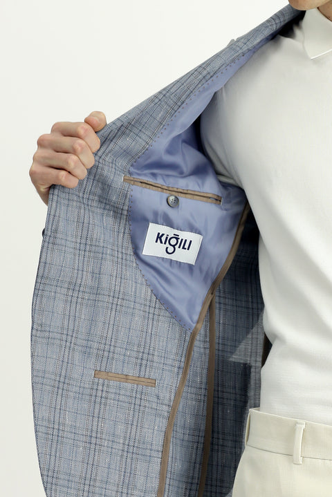 Mavi 6 Drop Regular Fit Standart Kesim Yünlü Keten Karışımlı Ekose Spor Ceket