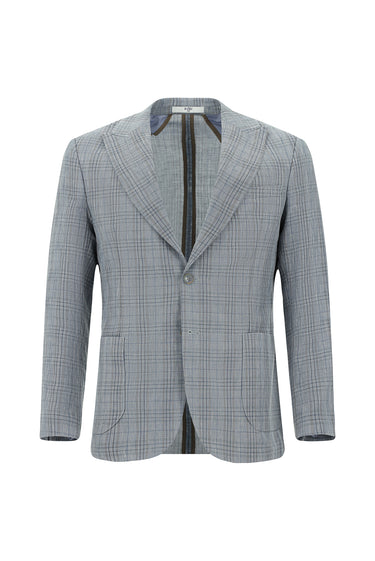 Mavi Slim Fit Dar Kesim Yünlü Keten Karışımlı Ekose Spor Ceket