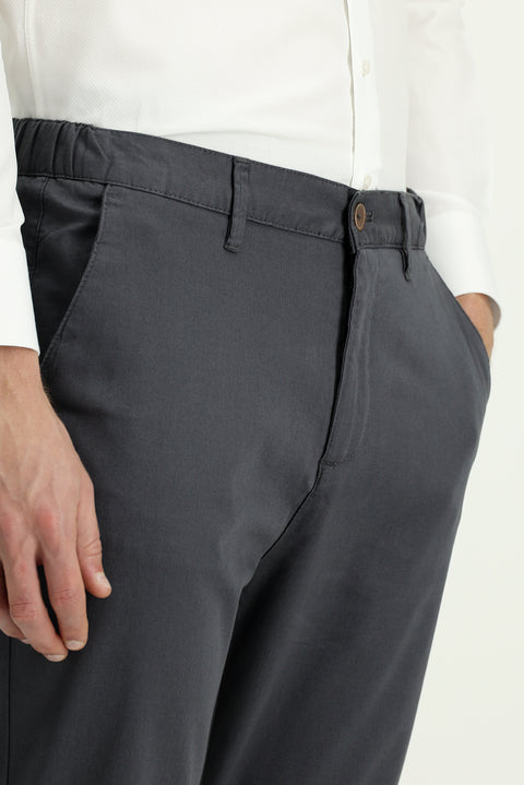 Dark Smoke Slim Fit Narrow Cut Elasticated Waist Stretchy Canvas / Chino Trousers