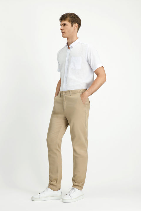 Light Beige Slim Fit Narrow Cut Elasticated Waist Stretchy Canvas / Chino Trousers