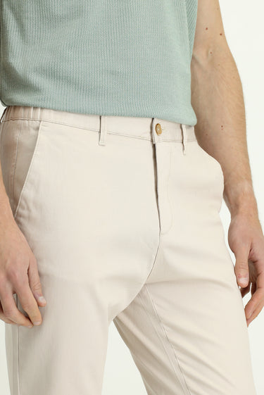 Krem Slim Fit Dar Kesim Beli Lastikli Likralı Kanvas / Chino Pantolon