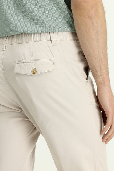 Krem Slim Fit Dar Kesim Beli Lastikli Likralı Kanvas / Chino Pantolon