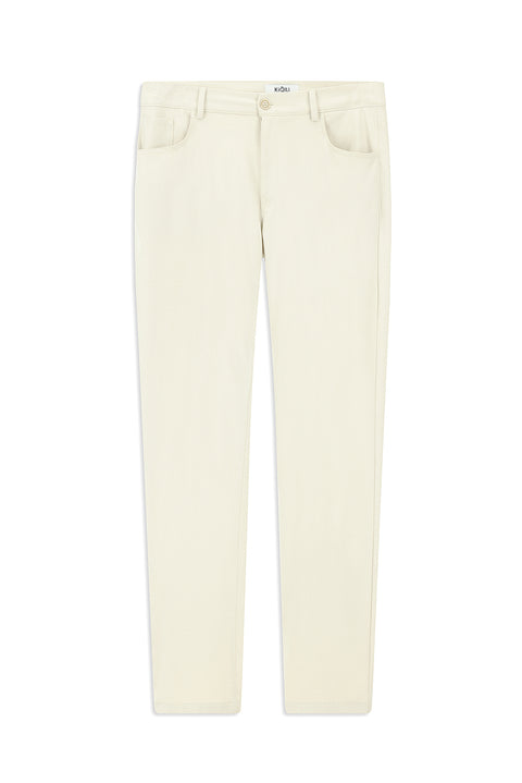 Ecru Slim Fit Patterned Stretch Canvas / Chino Trousers