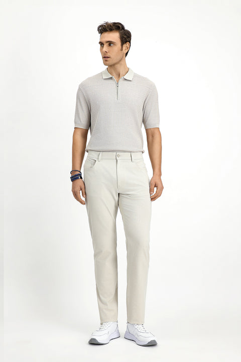 Ecru Slim Fit Patterned Stretch Canvas / Chino Trousers