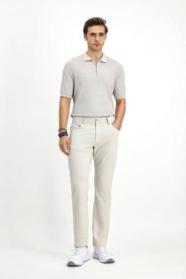  Ekru Slim Fit Dar Kesim Desenli Likralı Kanvas / Chino Pantolon